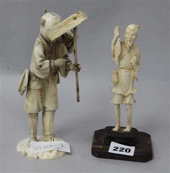 A Japanese sectional ivory figure and a Chinese ivory figure of a fisherman, early 20th century and an ivory elephant brooch